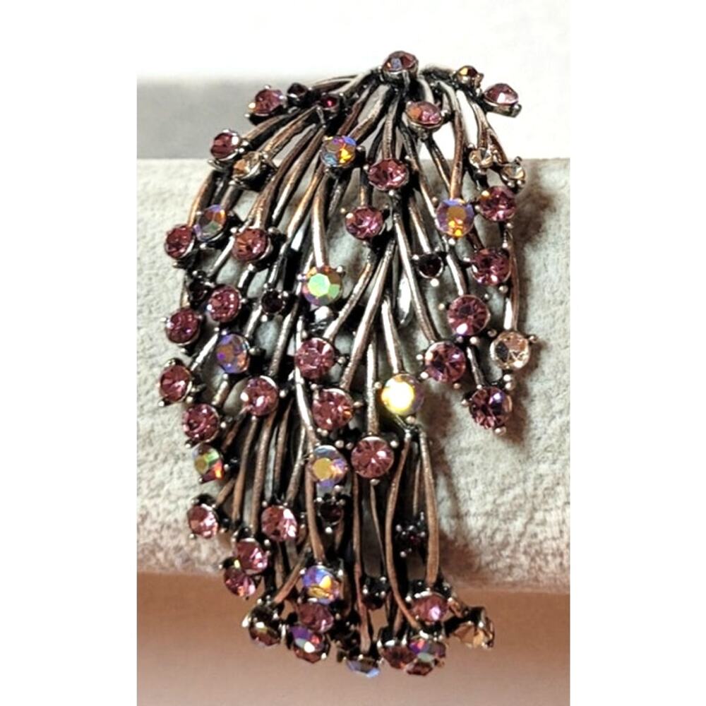 Rhinestone Clamper Bracelet Purple Pink AB Silvertone Metal Boho Fairy Cottage - Picture 7 of 12